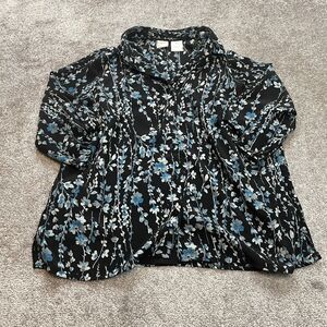 JMS Just My Size Blouse Button Up Shirt womens 2X 18W-20W Black Blue Floral Top
